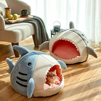Luxury Plush Shark Pet Bed  | Luxury shark pet bed | Plush shark bed for cats | Cozy dog bed shark design | Soft warm pet sleeping house | Cute cat cave bed | Comfortable dog rest nest | Funny shark mouth pet bed | Washable plush pet bed | Enclosed pet sleeping pod | Small dog and cat bed