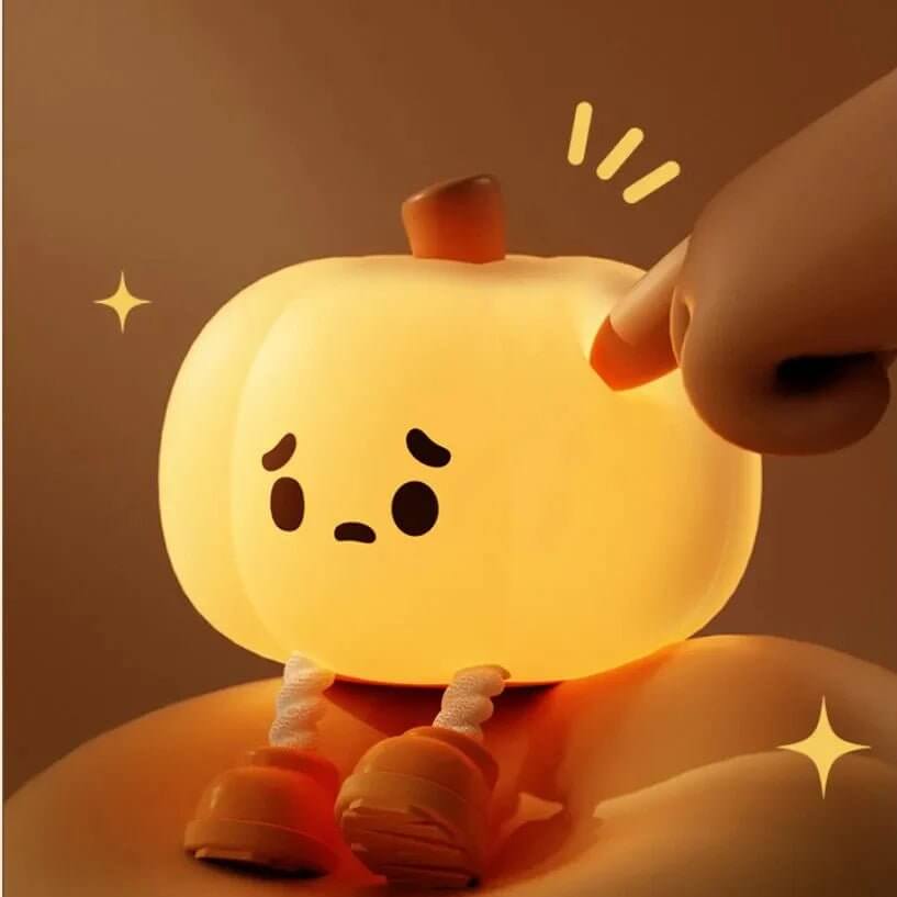 Pumpkin night light | Dimmable bedside lamp | Halloween décor light | Cozy bedroom night lamp | Autumn pumpkin light | USB rechargeable lamp | Soft warm glow light | Portable pumpkin lamp | Cute bedside décor | Fall home decoration