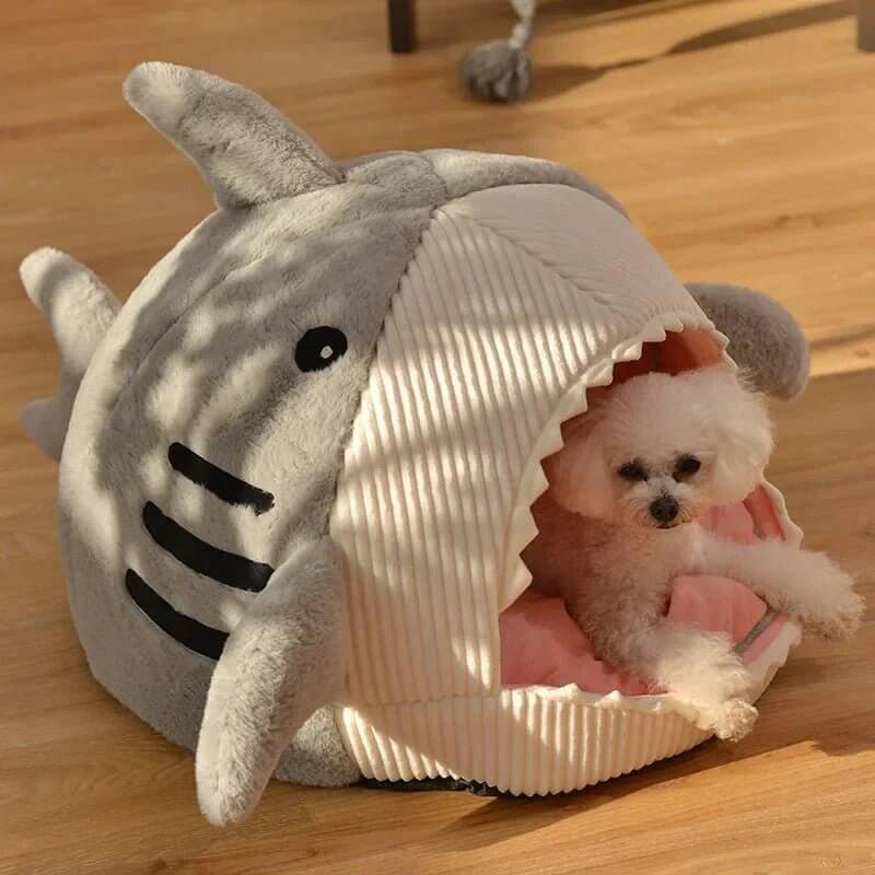 Luxury Plush Shark Pet Bed  | Luxury shark pet bed | Plush shark bed for cats | Cozy dog bed shark design | Soft warm pet sleeping house | Cute cat cave bed | Comfortable dog rest nest | Funny shark mouth pet bed | Washable plush pet bed | Enclosed pet sleeping pod | Small dog and cat bed