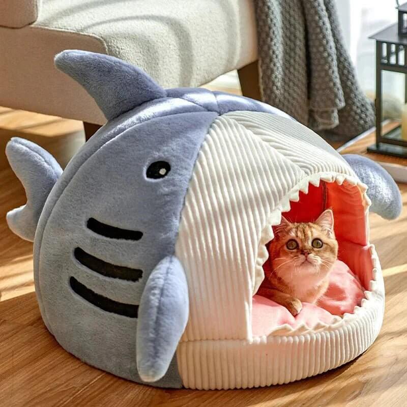 Luxury Plush Shark Pet Bed  | Luxury shark pet bed | Plush shark bed for cats | Cozy dog bed shark design | Soft warm pet sleeping house | Cute cat cave bed | Comfortable dog rest nest | Funny shark mouth pet bed | Washable plush pet bed | Enclosed pet sleeping pod | Small dog and cat bed