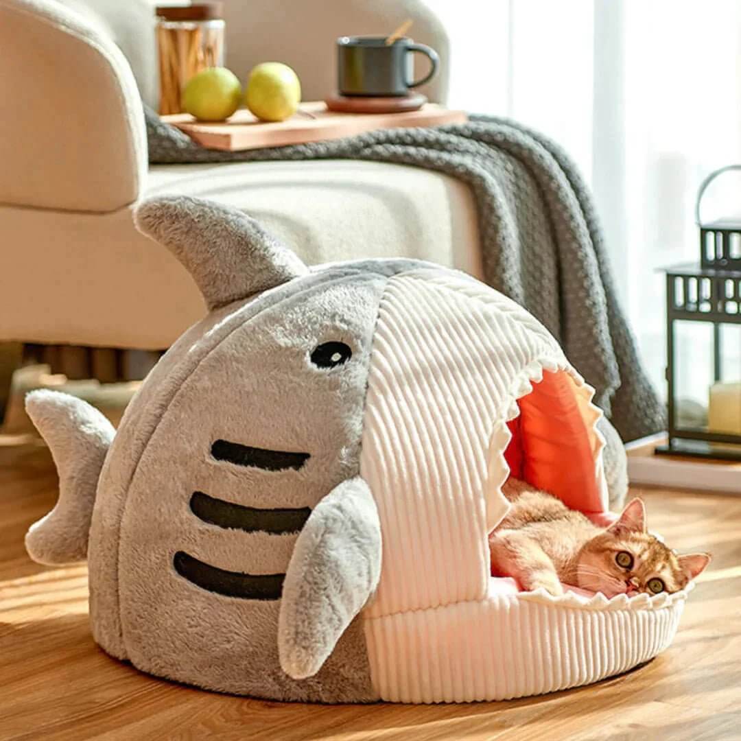 Luxury Plush Shark Pet Bed  | Luxury shark pet bed | Plush shark bed for cats | Cozy dog bed shark design | Soft warm pet sleeping house | Cute cat cave bed | Comfortable dog rest nest | Funny shark mouth pet bed | Washable plush pet bed | Enclosed pet sleeping pod | Small dog and cat bed
