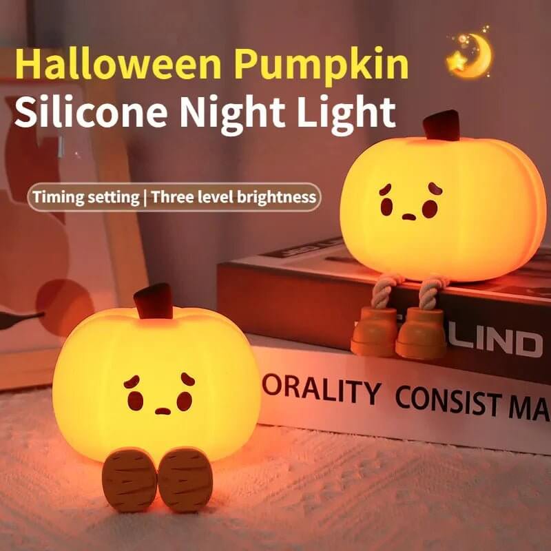 Pumpkin night light | Dimmable bedside lamp | Halloween décor light | Cozy bedroom night lamp | Autumn pumpkin light | USB rechargeable lamp | Soft warm glow light | Portable pumpkin lamp | Cute bedside décor | Fall home decoration