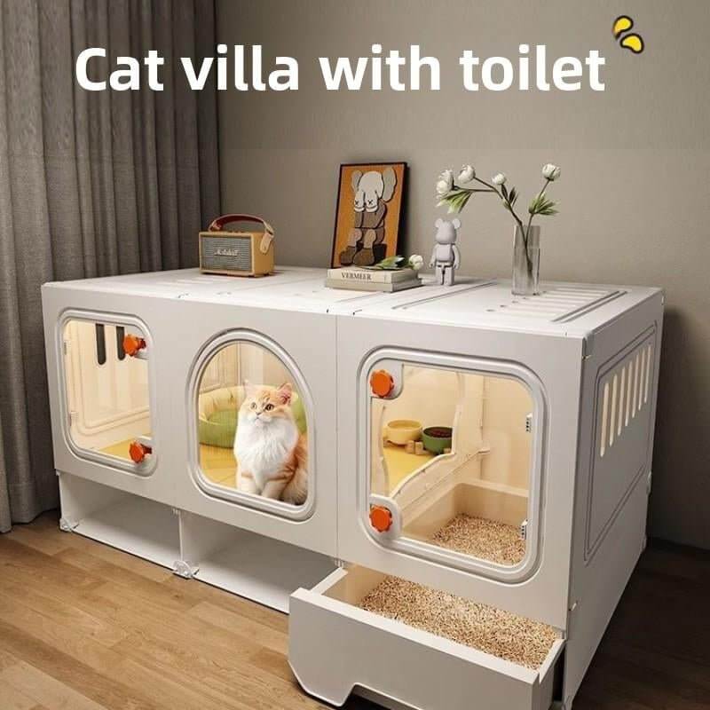 compact indoor cat house | Chic Cat Villa: Compact Indoor Cat House with Built - In Litter Box for Small Spaces - Cosrac