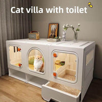 compact indoor cat house | Chic Cat Villa: Compact Indoor Cat House with Built - In Litter Box for Small Spaces - Cosrac