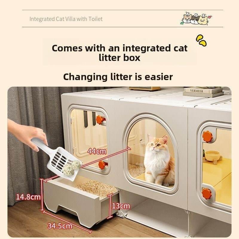 compact indoor cat house | Chic Cat Villa: Compact Indoor Cat House with Built - In Litter Box for Small Spaces - Cosrac